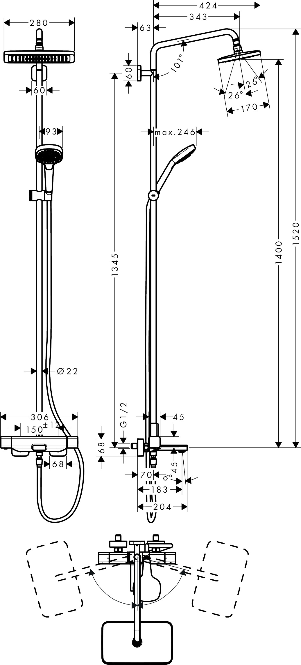 Hansgrohe Showerpipe Croma E 280 1jet chrom mit Wannenthermostat