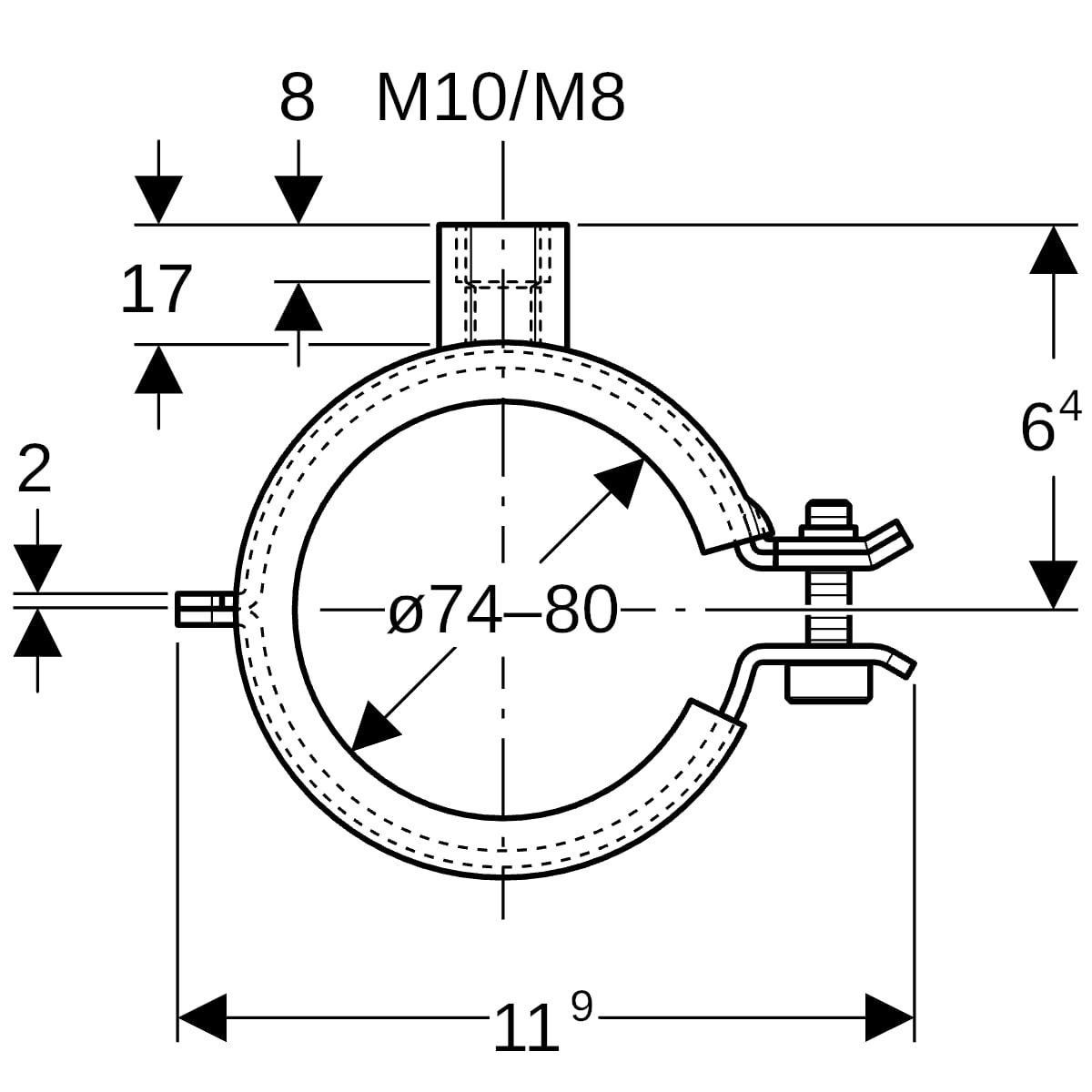 Geberit Rohrschelle gedämmt mit Gewindemuffe M8/M10 di74-80mm