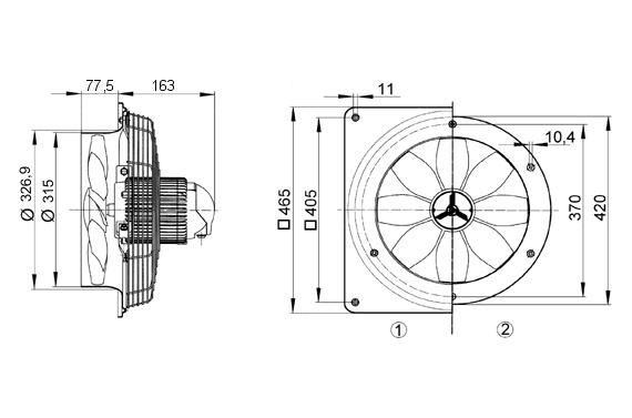 Maico Axial-Wandventilator DZQ 30/84 B quadrat. Wandplatte, Drehstrom, DN300