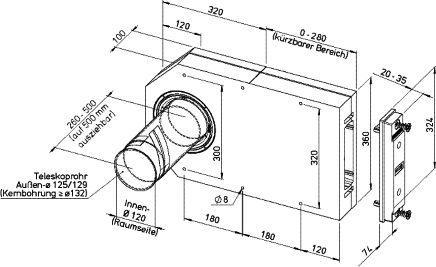 Helios ZRL 125 Rohbaupaket Laibung mit Teleskoprohr DN125, 260-500mm