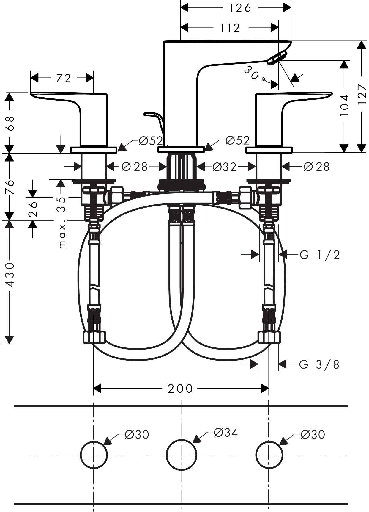 Hansgrohe 3-Loch Waschtischarmatur Talis E mattschwarz