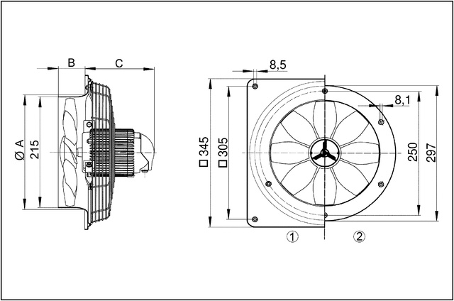 Maico Axial-Wandventilator DZQ 20/2 B quadrat. Wandplatte, Drehstrom, DN200