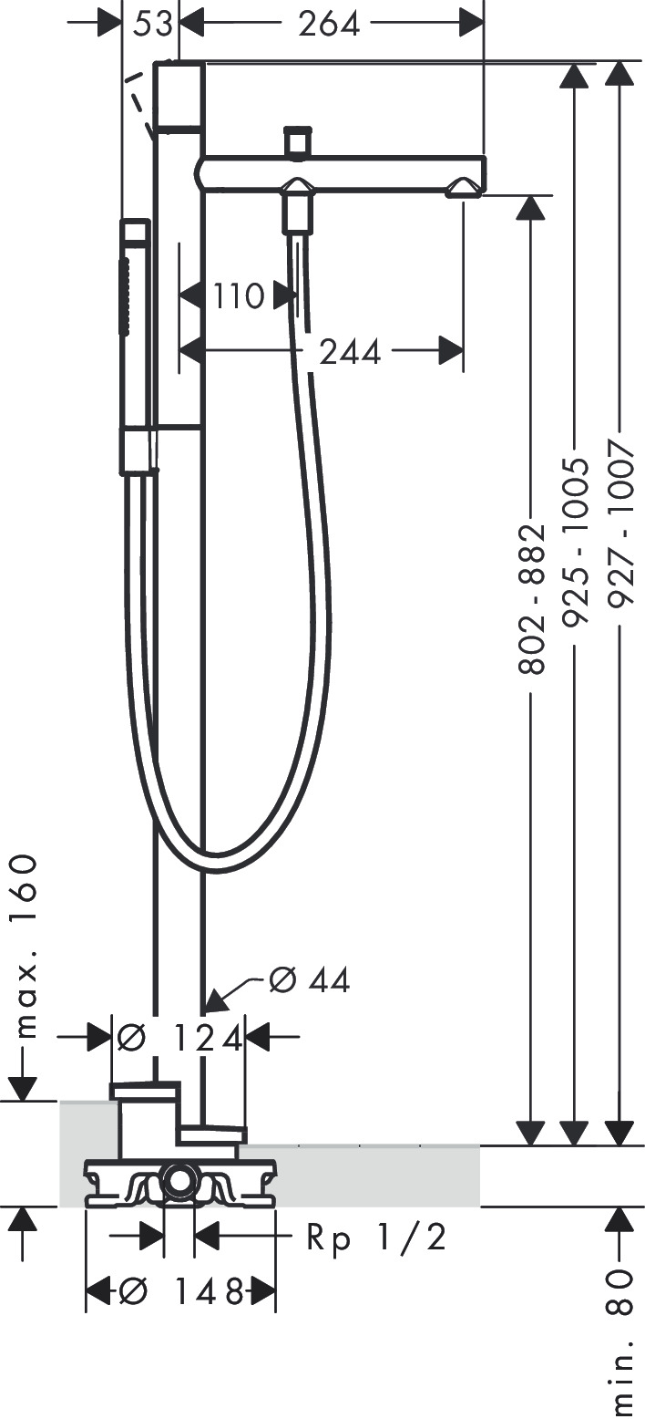 Hansgrohe Wannenmischer Axor Uno Fertigset Zerogriff zur Bodenmontage chrom