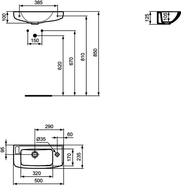 IS Handwaschbecken Eurovit, 1 Hl.rechts, o.Ül., 500x235x125mm, Weiß