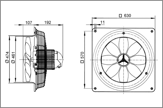 Maico Axial-Wandventilator DZQ 45/6 B quadrat. Wandplatte, Drehstrom, DN450