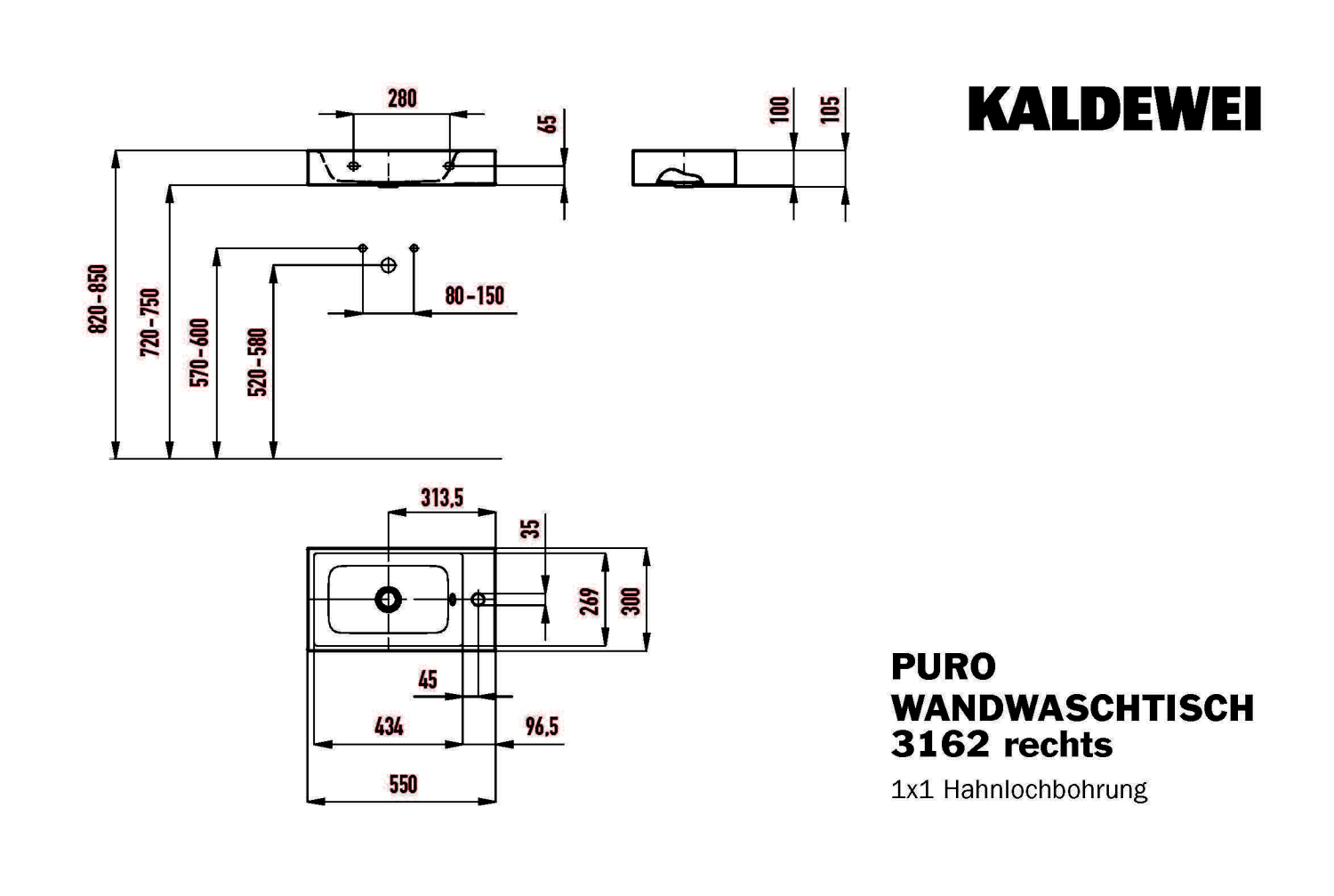 KA WB PURO WAND-HANDWASCHTISCH Mod.3162, 550x300mm,sm100,PEFF,AD,m. 1HL,oÜL