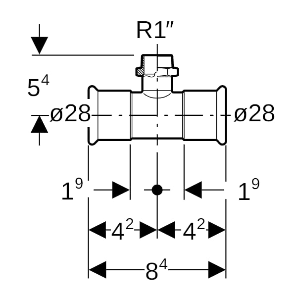 Geberit Mapress Edelstahl T-Stück mit AG d28-R1-28