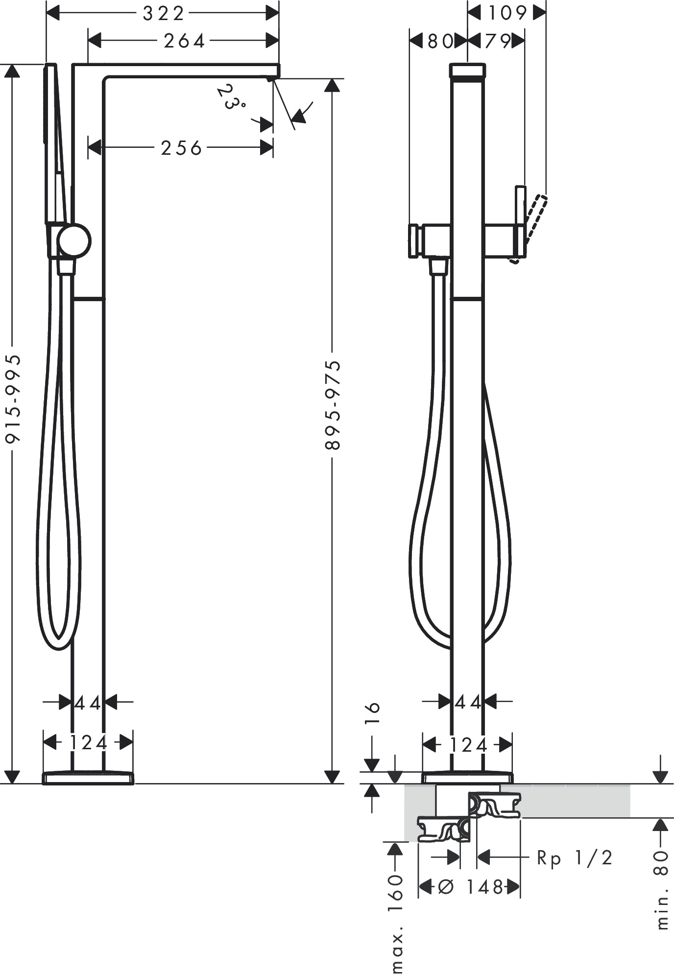Hansgrohe Wannenmischer Tecturis E bodenstehend chrom
