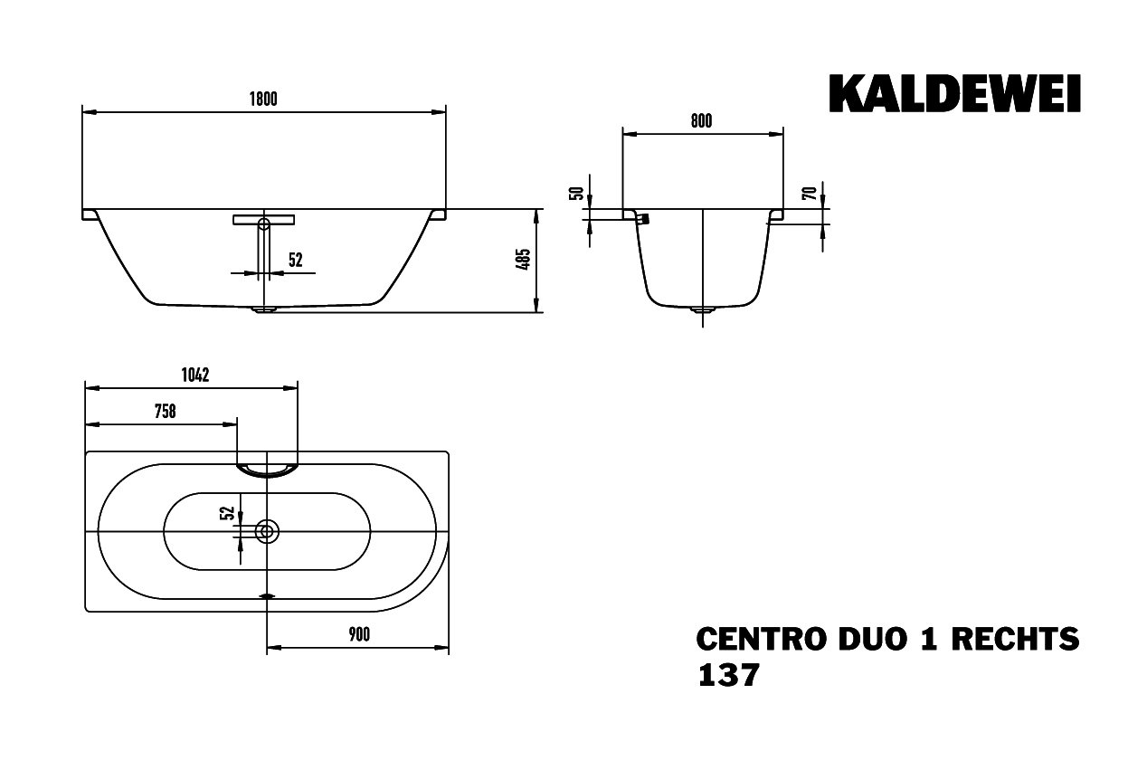 KA BW CENTRO DUO 1 RECHTS Mod.137,1800x 800mm,alpinweiß matt
