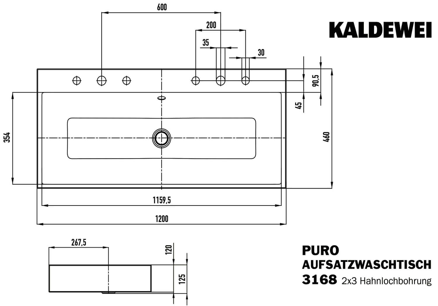 KA WB PURO Mod.3168-D,1200x460mm,alpwe, PEFF,AD,m. 2x3HL,mÜL,chr