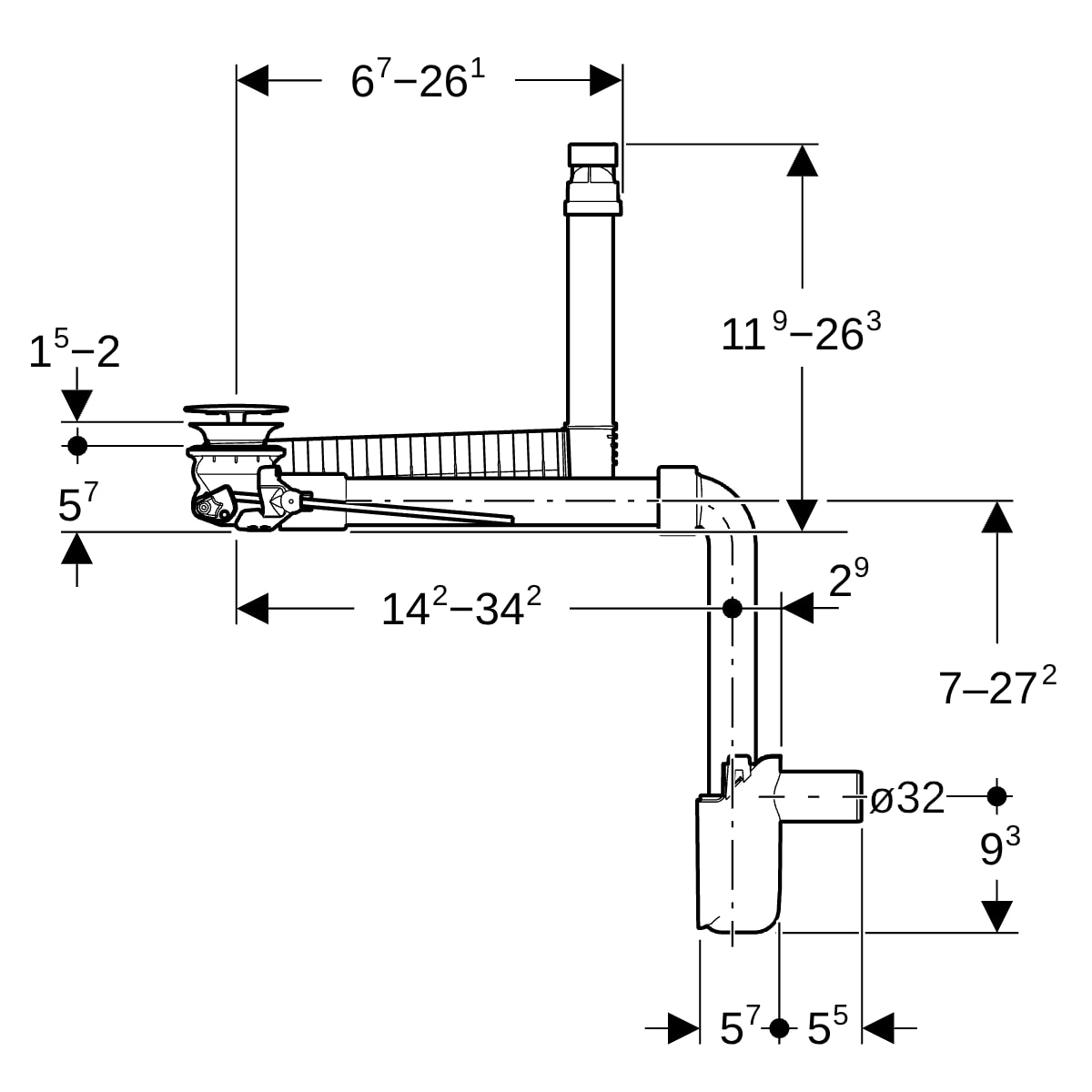 Geberit WT-Ablauf Raumsparmod. für ONE mit Hebelbet. und Ventilabd., d32, weiß