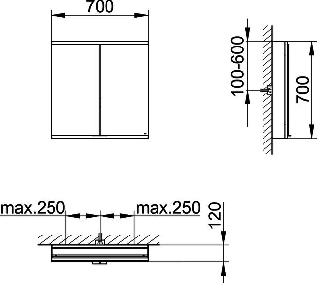 KEUCO Royal Modular 2.0 SPS, bel. 80021, Vorb,oSteckd,sb-elox,700x700x120mm