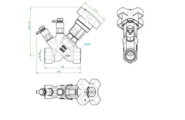 OVENTROP-Strangreg.Vent.Hydrocontrol VTR DN20,3/4IG,2 Messventile,Nadeltechnik,Rg