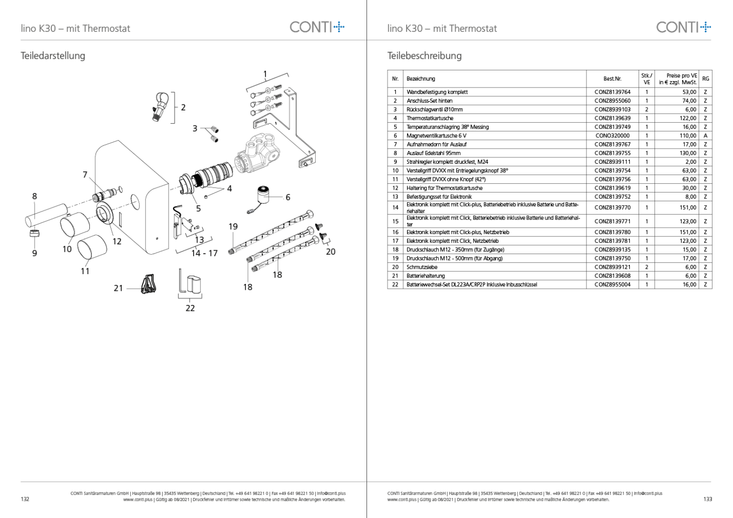 CONTI+ lino elekt. IR Wandarm. NetzUP AP Ausl.172mm Thermostat Edelst. Click K30
