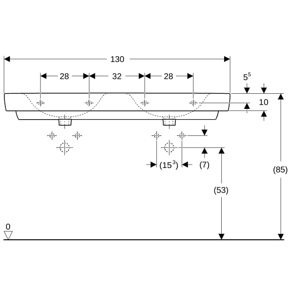 Geberit Renova Plan Doppelwaschtisch 130x48cm o. Hl., o. Ül., weiß
