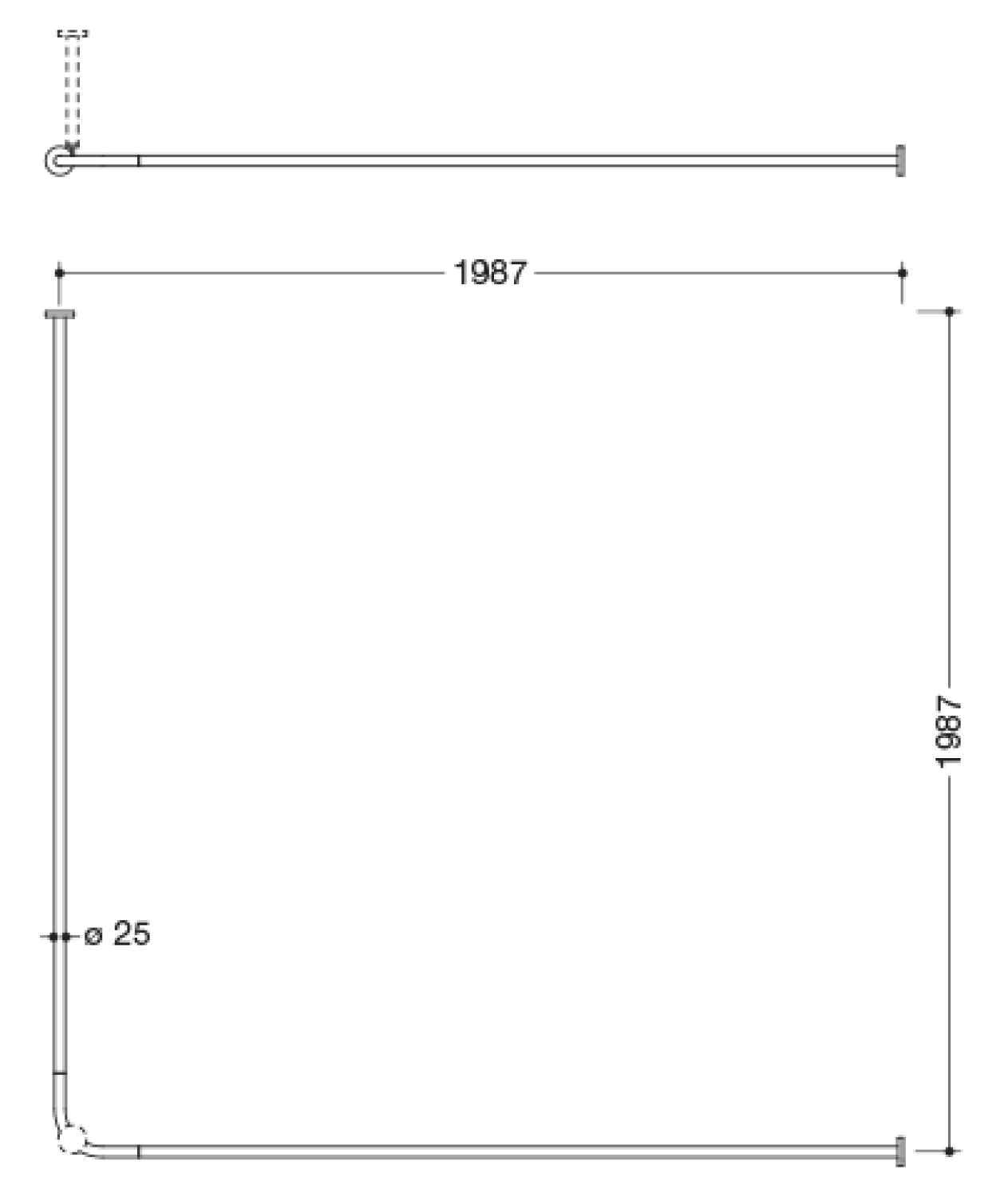 HEWI VH-Stange, d:25,A1/A2=1987, 40 Ringe, chrom