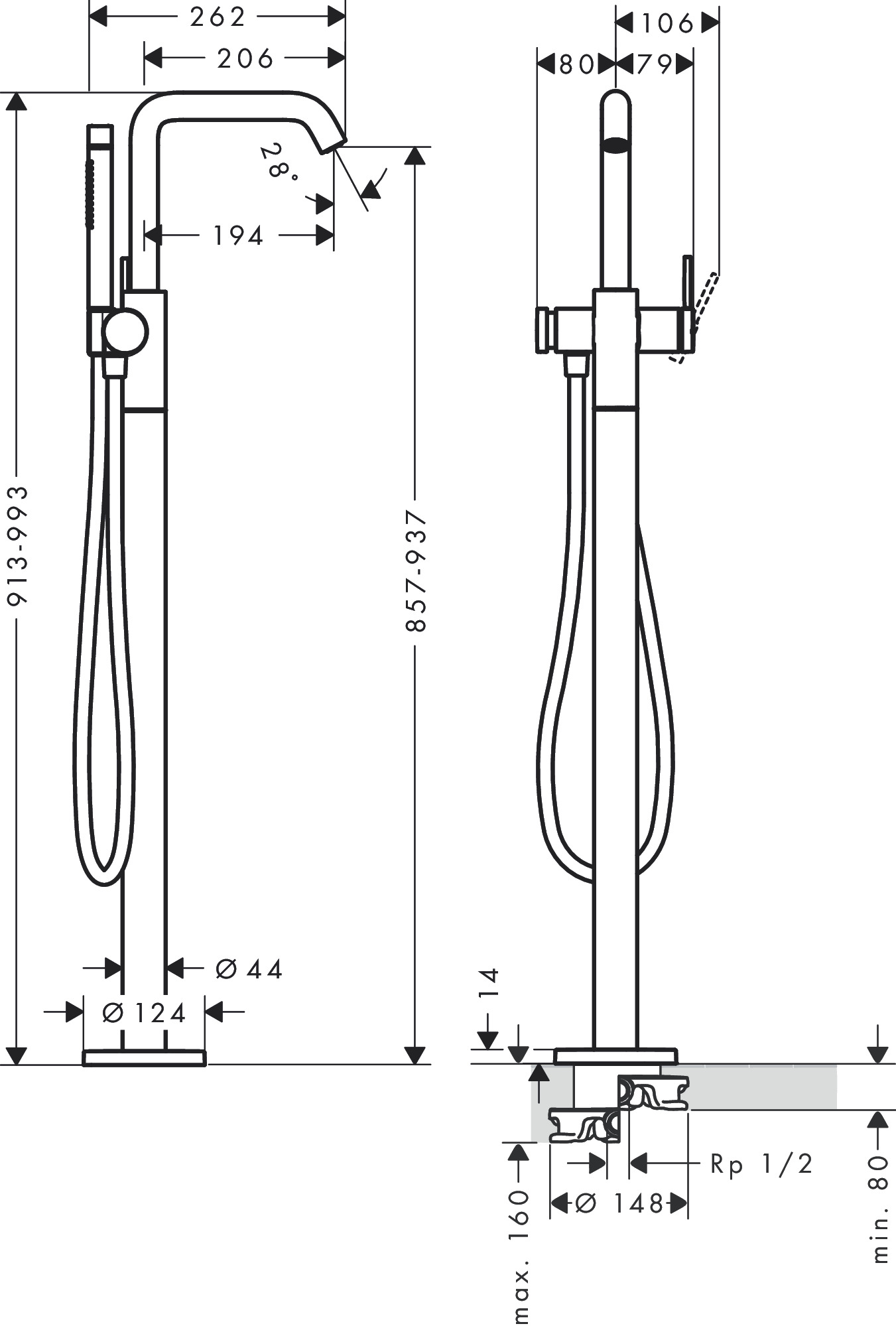 Hansgrohe Wannenmischer Tecturis S bodenstehend chrom