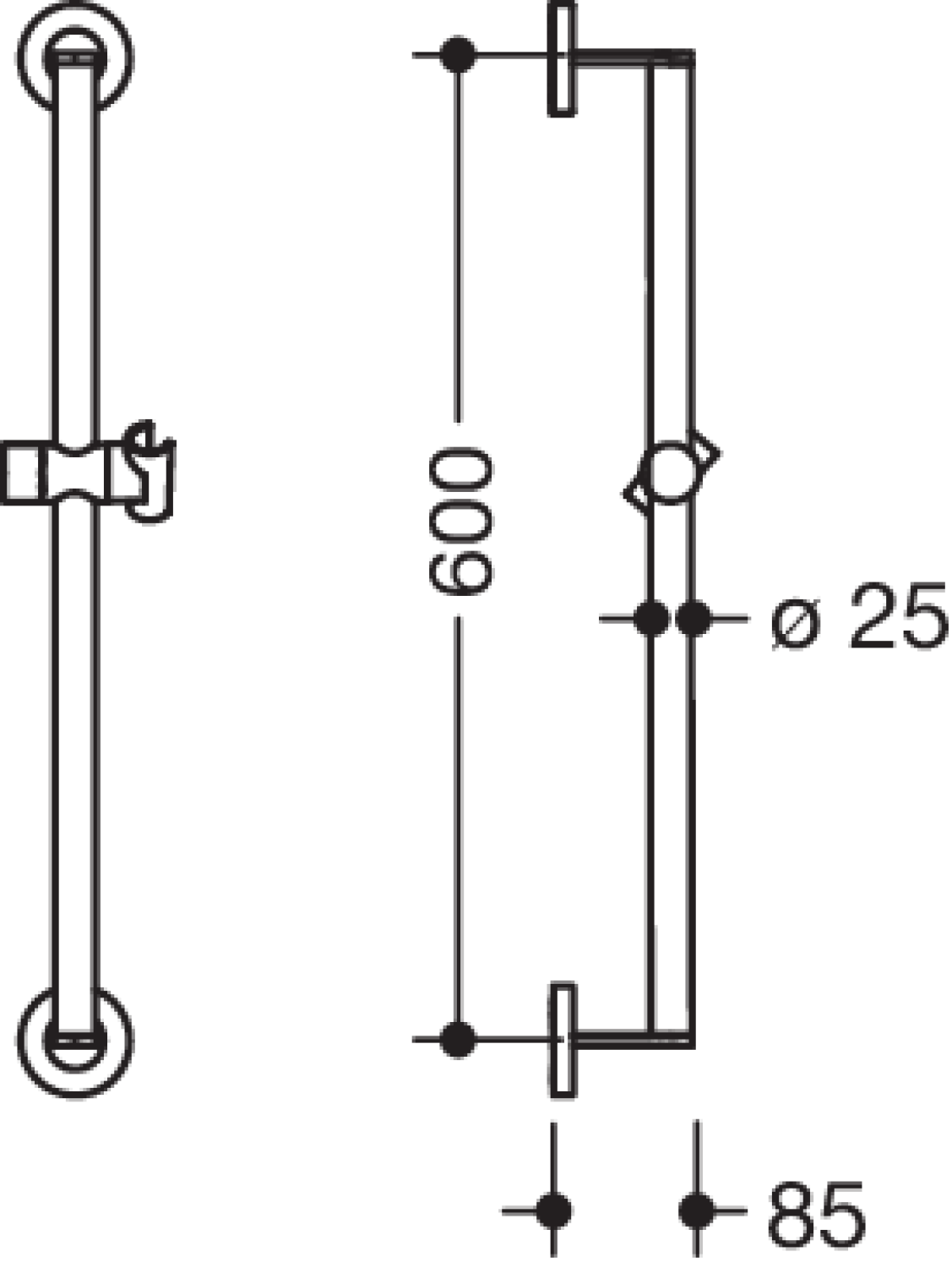 HEWI Brausehalterstange, d:25, L:600, chrom