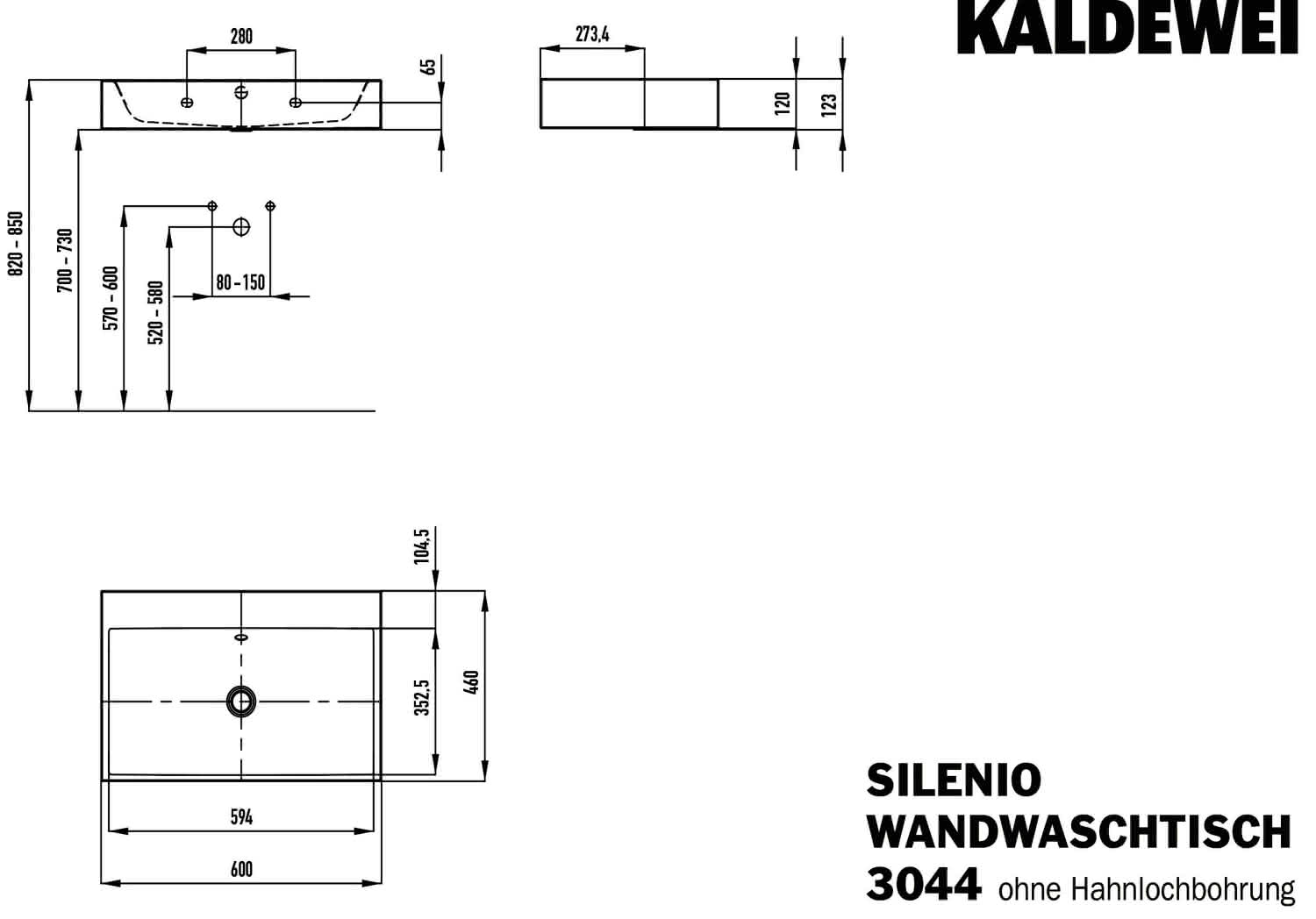 KA WB SILENIO WANDWASCHTISCH Mod.3044, 600x460mm,alpinweiß,PEFF,AD,mÜL,chr