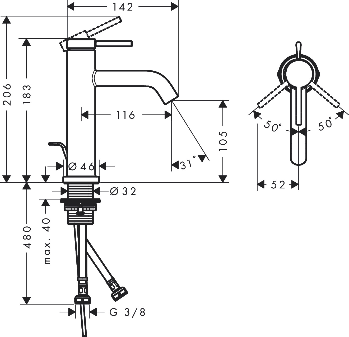 Hansgrohe WTM 110 Tecturis S mit Zugstangen-Ablaufgarnitur chrom
