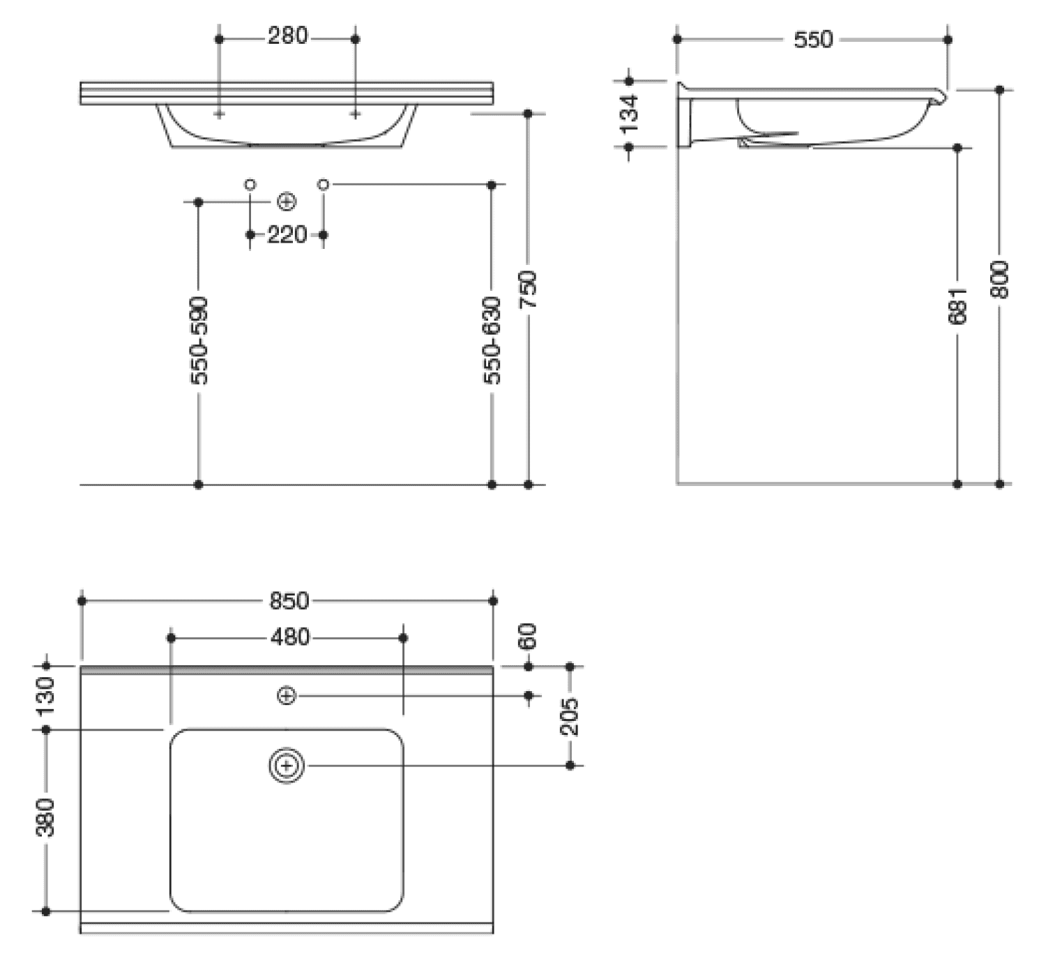 HEWI Waschtisch S-Form, modular ohne Überlauf, 850x550mm, 1 HL