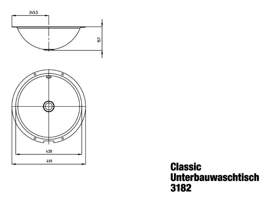 KA WB CLASSIC UNTERBAUWASCHTISCH Mod. 3182,d:491mm,alpinweiß,PEFF,AD,mÜL,chr