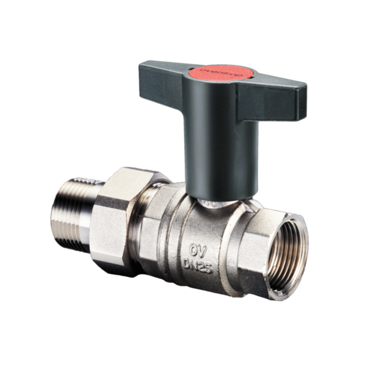 OVENTROP-Kugelhahn "Optibal",Knebelgriff DN15, 1/2"IG u.Verschr. mit AG, PN16, Ms