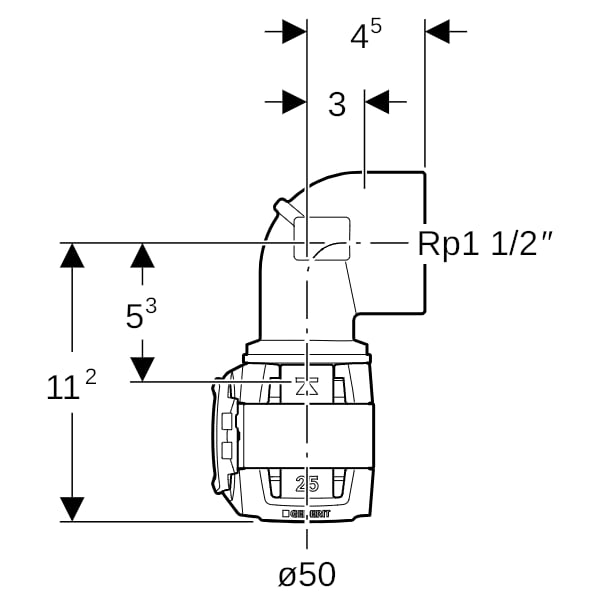 Geberit FlowFit Übergangsbogen 90Gr mit IG Rg+ 90Gr d50-Rp1 1/2