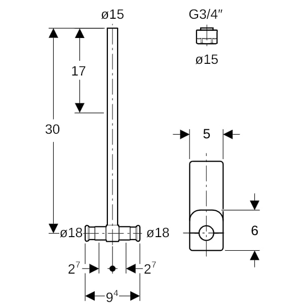Geberit Mapress Metallrohr-AnschlussT-Stück mit Anschlussverschr. Rg/Cu d18-15-18