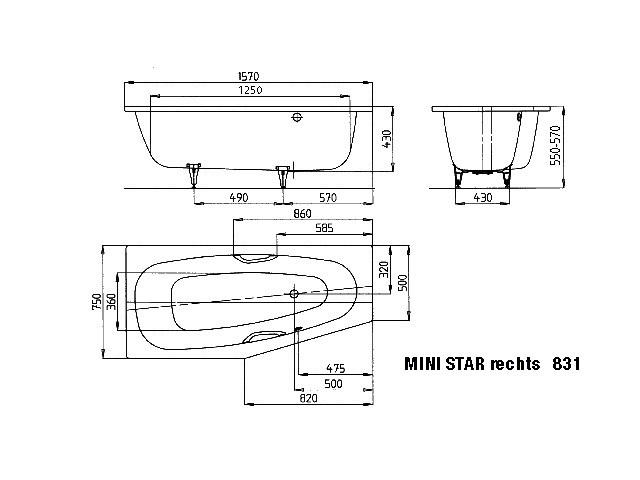 KA BW MINI STAR RECHTS Mod.831,1570x750 mm,alpinweiß