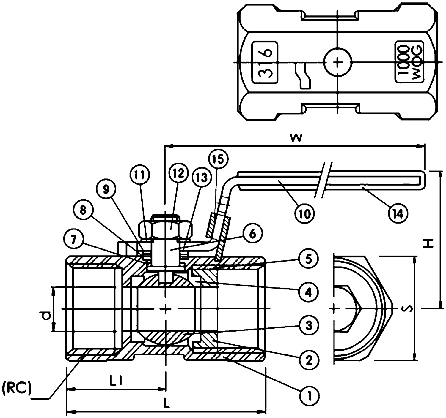 gebog316 Edelstahl Kugelhahn Typ 603 -1-tlg., reduziert, mit IG 1/2"