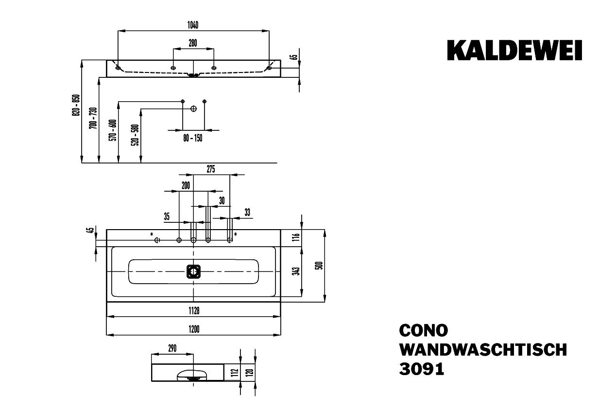 KA WB CONO WANDWASCHTISCH Mod.3091,1200x 500mm,pergamon,PEFF,AD,m. 1HL,oÜL