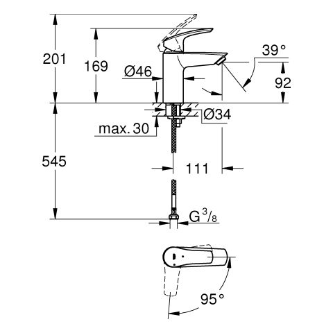 GROHE EH-WT-Batterie Eurosmart 23974_3 S-Size MST kalt 3,5l/min gl.Körper chrom