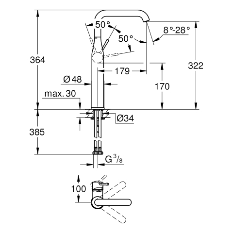 GROHE EH-WT-Batterie Essence 24170_1 für freis. Waschschüsseln hard graphite geb.