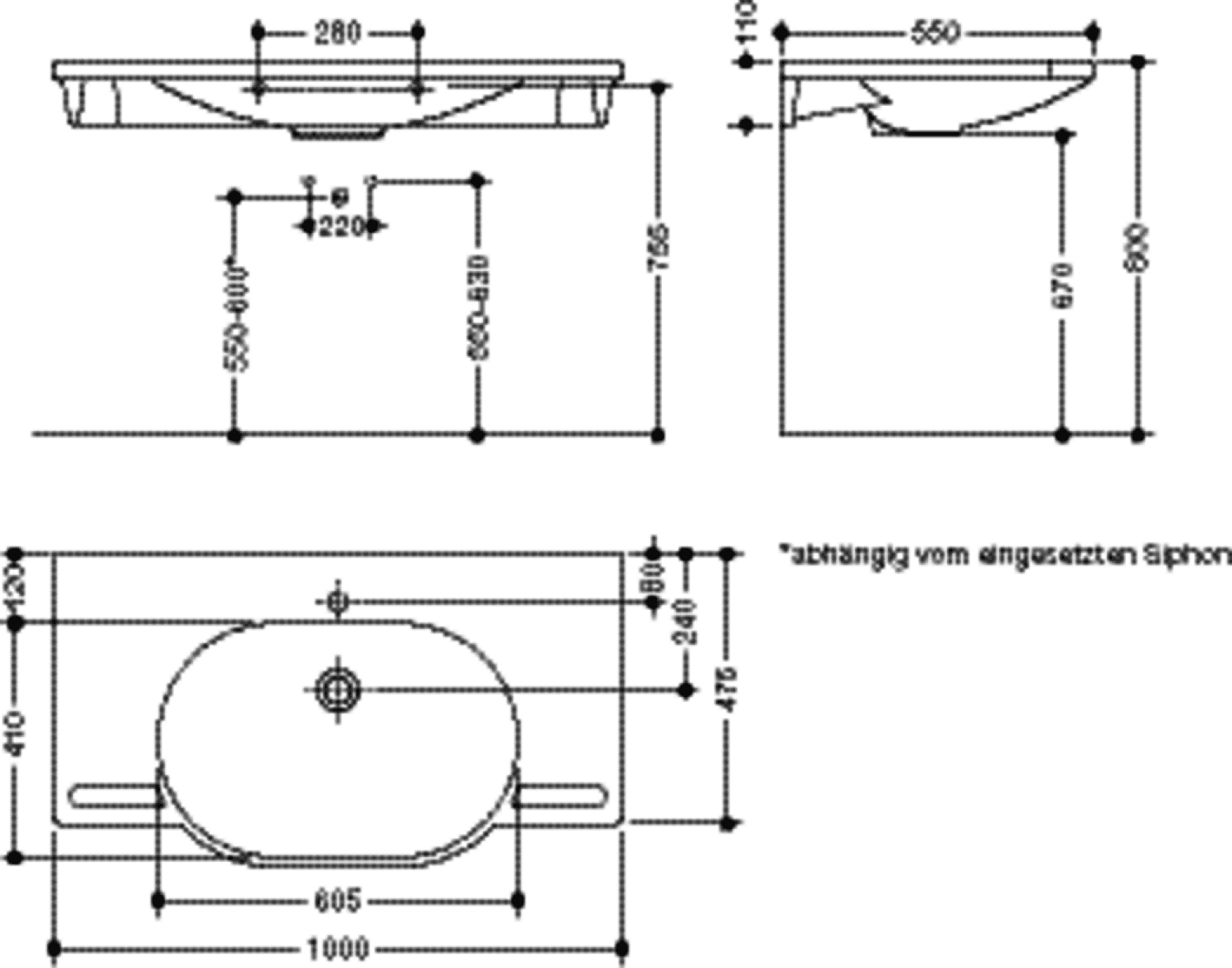 HEWI Waschtisch, B:1000mm, T:550mm, alpinweiß, ohne Überlauf, 1 HL