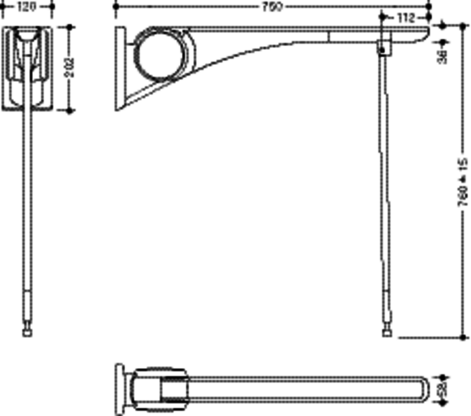 HEWI SK-Griff Basic,750, m.Bodenstütze Montagehöhe h=760mm weiß hgl.- weiß mt