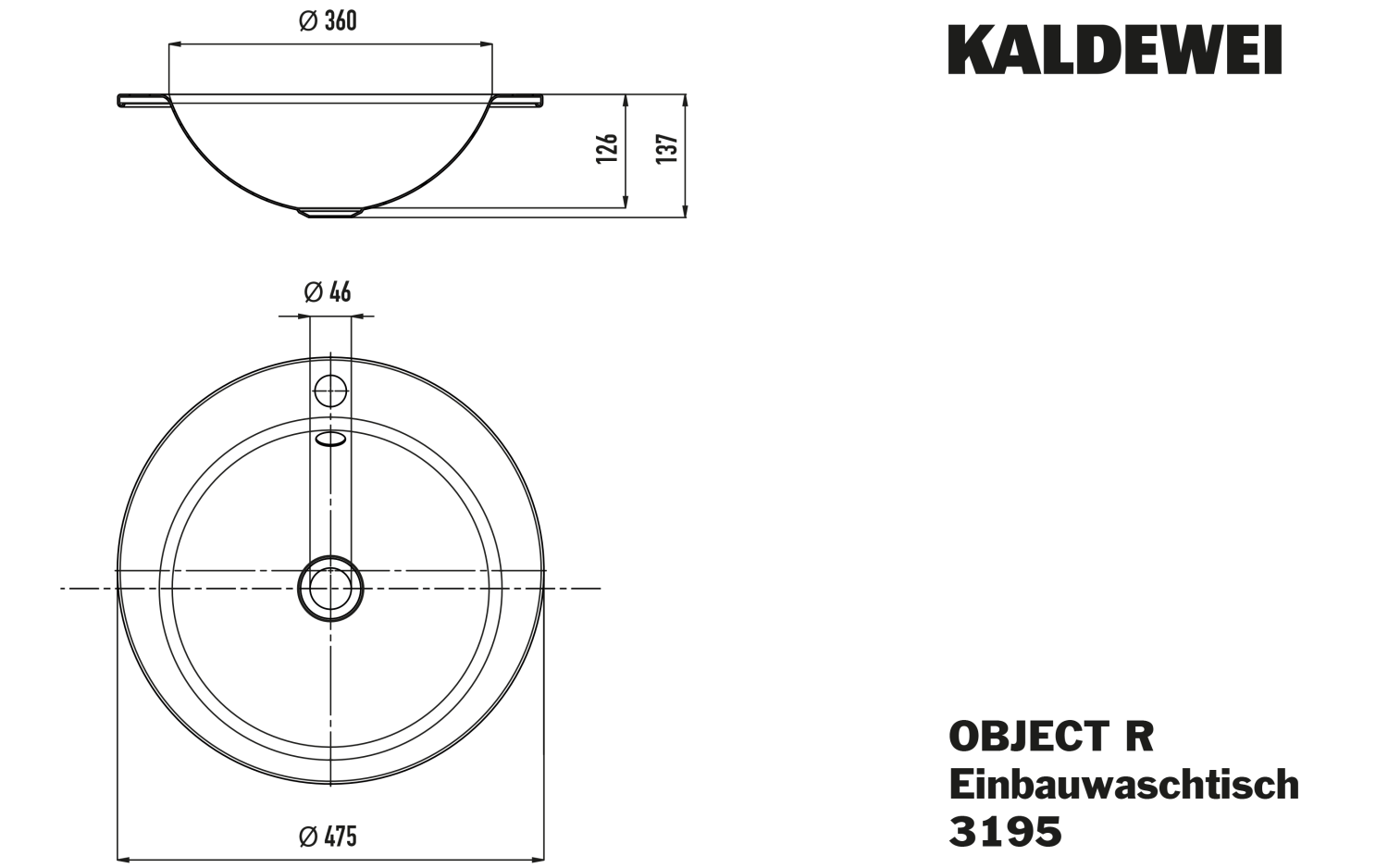 KA WB OBJECT R Einbauwaschtisch Mod.3195 ,d:475mm,alpinweiß,m. 1HL,mÜL,alpwe
