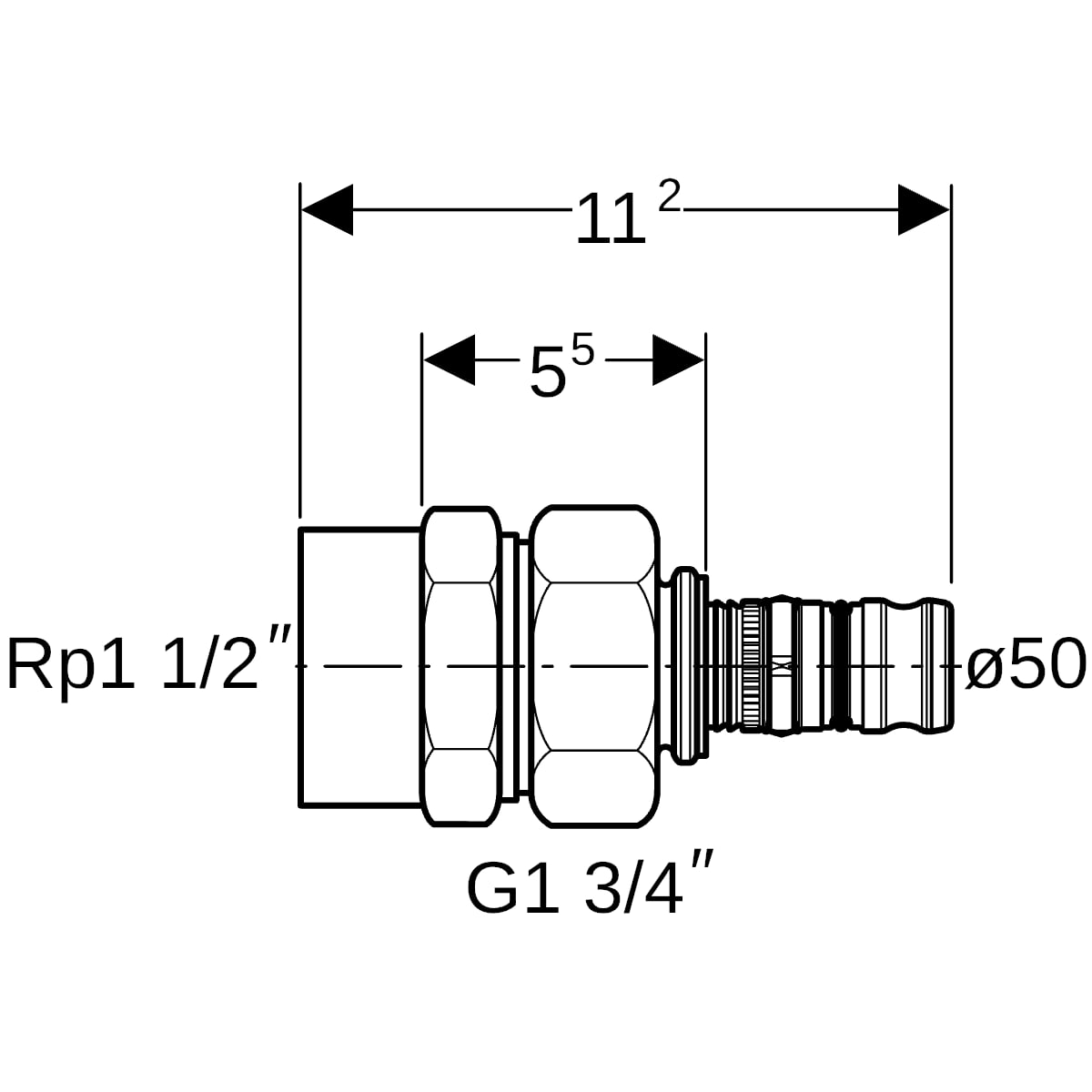 Geberit Mepla Übergangsverschraubung mit IG Rg d50-Rp1 1/2