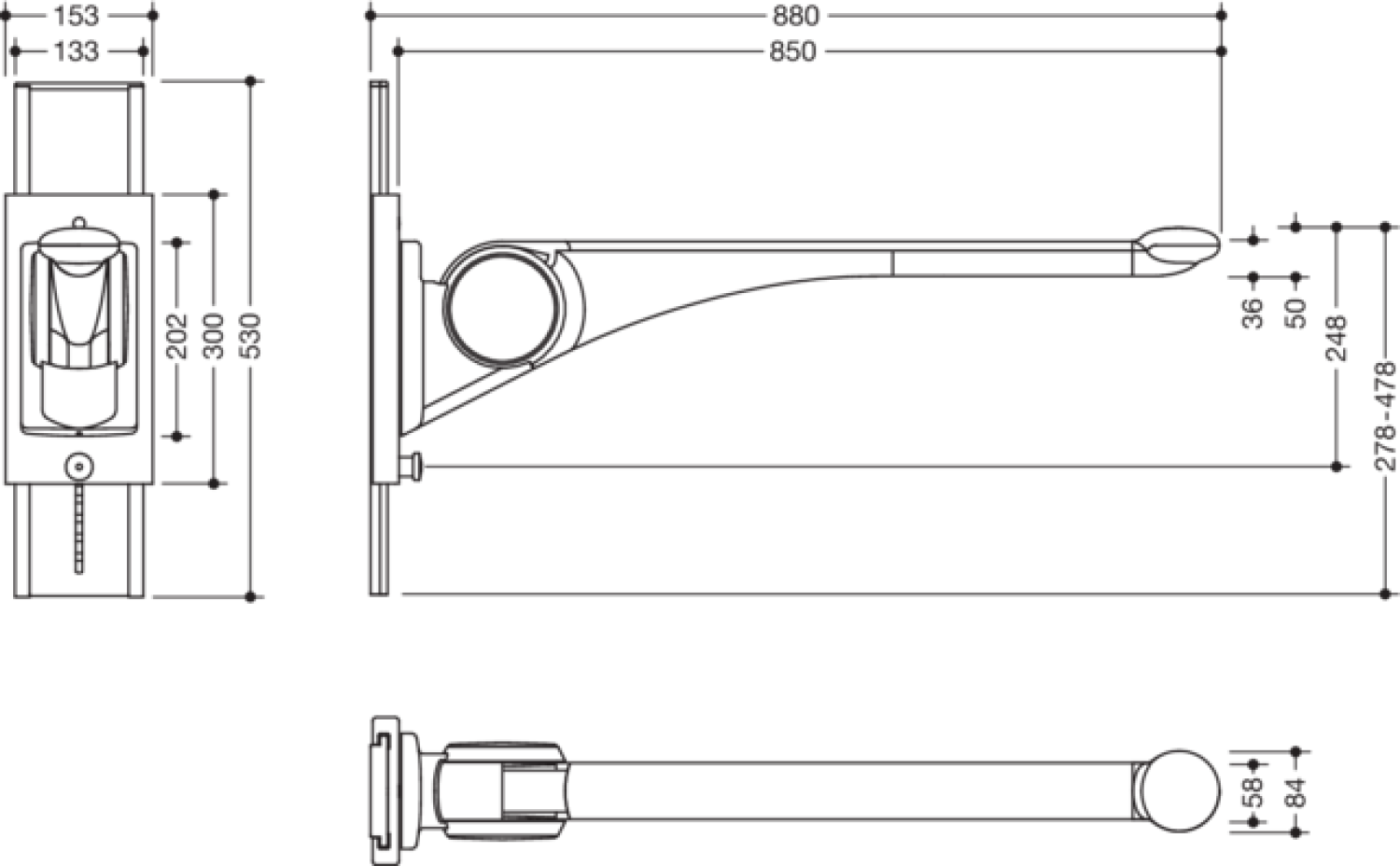 HEWI Stützklappgriff Premium,850 mm mit Höhenverstellung weiß hgl.- weiß mt