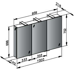 KE Spiegelschrank Royal Universe 12704, 3-trg., sil-elox., 1000x752 mm