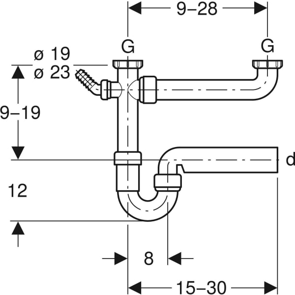 Geberit Rohrbogengeruchsverschluss für zwei Spülbecken Abgang horiz. G1 1/2x50 OM