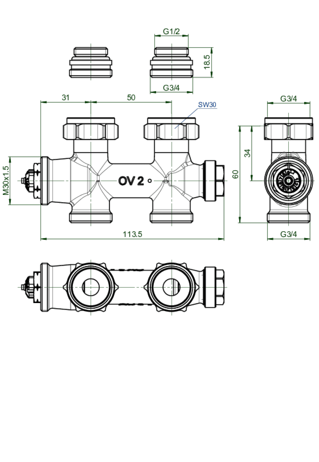 OVENTROP-Anschlussarmatur "Multiblock T" 1/2"AG x 3/4"AG, 2-Rohr, Messing, Dg