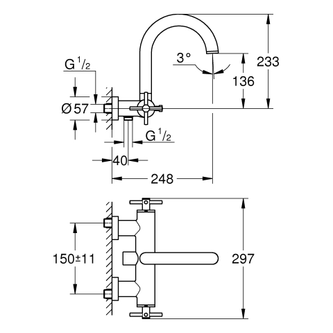 GROHE 2-Griff-Wannenbatt. Atrio 25268 Wandmontage Kreuz-Griff supersteel