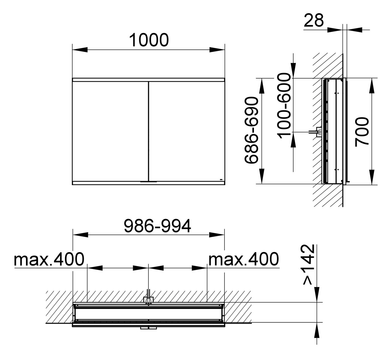 KEUCO Royal Modular 2.0 SPS, unbel. 80020, Einb,2Steckd,sb-elox,1000x700x160mm