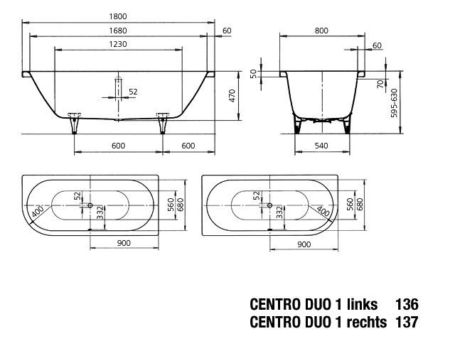 KA BW CENTRO DUO 1 LINKS Mod.136,1800x 800mm,alpinweiß