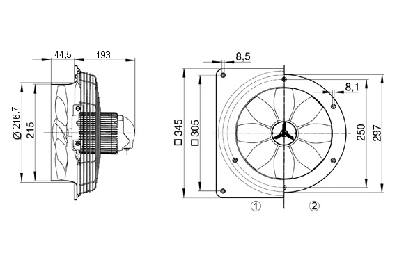 Maico Axial-Wandventilator DZQ 20/2 B quadrat. Wandplatte, Drehstrom, DN200