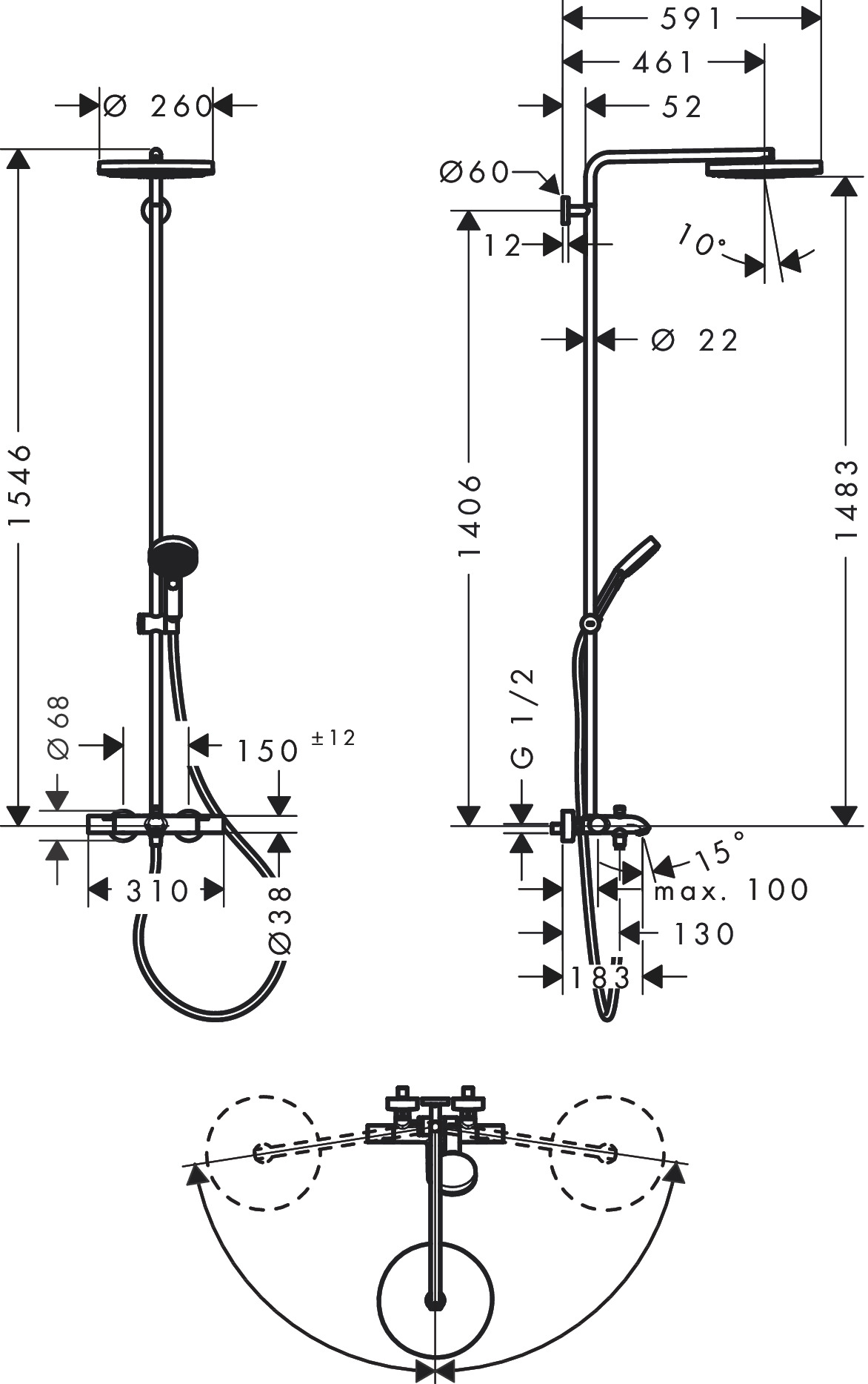 Hansgrohe Showerpipe Pulsify S Puro 260 1jet EcoSmart Wannenthm. Aufputz chrom