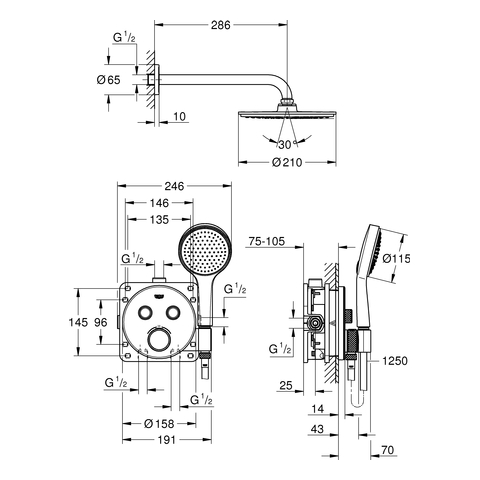 GROHE UP-Duschsys. GrohthermSmartControl 34743 runde Form mit THM/KB/HB chrom
