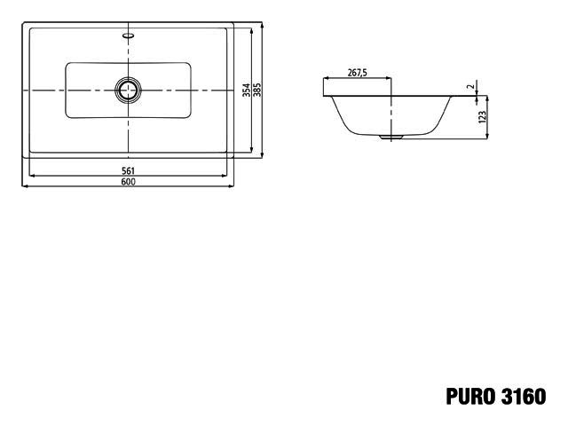 KA WB PURO UNTERBAUWASCHTISCH Mod.3160, 600x385mm,alpinweiß,PEFF,AD,mÜL,chr