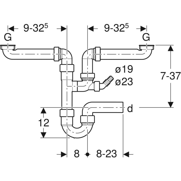 Geberit Rohrbogengeruchsverschluss für zwei Spülbecken Abgang horiz. G1 1/2x50